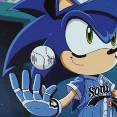 sonic the hedge baseball player is holding a ball in one hand and glove in the other