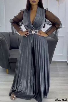 Olivia Mark - Classic Grey V-Neck Jumpsuits: Sleek & Refined with Solid Patchwork Design Shimmer Jumpsuit, Jumpsuit Fall, Pleated Jumpsuit, Jumpsuit Casual, Grey Bodysuit, Jumpsuit Elegant, V Neck Bodysuit, Plus Size Jumpsuit, One Piece Outfit