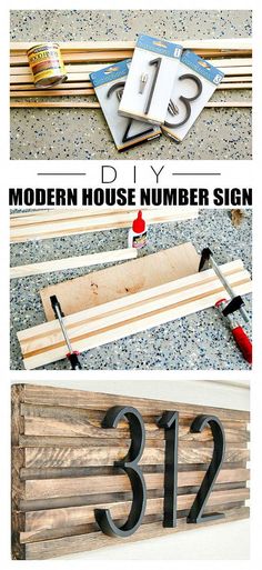 the diy modern house number sign is made from wood and has numbers on it