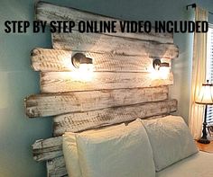 a bed made out of wooden planks with the words step by step online video included