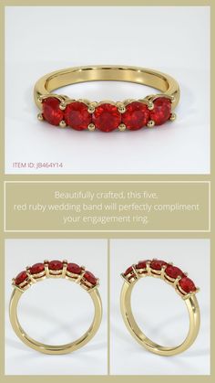 three different views of the same ring with red stones on each side and gold accents