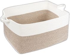 a white and beige storage basket on a white background with the bottom section folded up