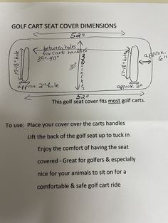 a paper with instructions on how to use a golf cart seat cover dimensionss for the driver