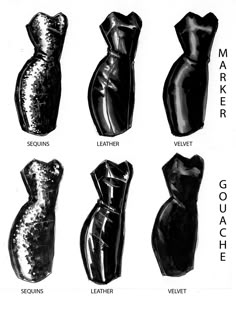 black and white drawing of different types of dresses