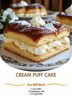 an advertisement for cream puff cake on a plate