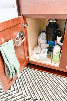 an open cabinet with cleaning supplies in it