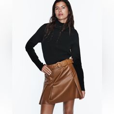 High Waisted Skirt With Self Belt Pleat Detail Back Hidden Inseam Zip Closure Whiskey Fall Belted Mini Skirt, Belted Mini Skirt For Fall, Fall Mini Skirt With Belt, Zara Pleated Mini Skirt For Work, Chic Zara Mini Skirt For Winter, Zara Mini Skirt For Fall, Belted Mini Skirt For Fall Night Out, Belted Mini Skirt For Night Out In Fall, Fall Season Belted Mini Skirt For Night Out