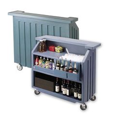 an outdoor cooler with bottles and drinks on wheels