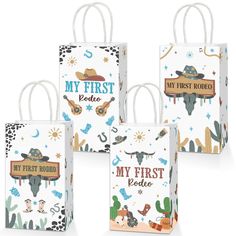 four small bags with cowboy themed designs on the front and back, all in white paper