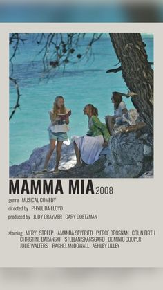 the poster for mamma mia is displayed in front of a tree and water background