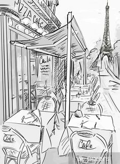 an ink drawing of the eiffel tower in paris, with tables and chairs