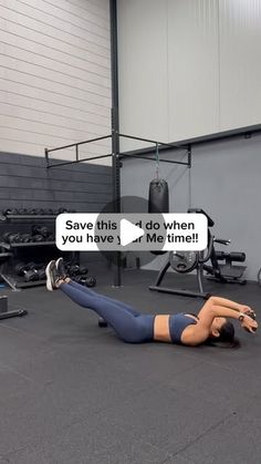 a woman laying on the ground in front of a gym machine with text reading save this do when you have met time