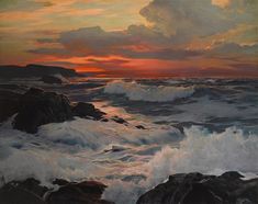 an oil painting of waves crashing on the rocks at sunset with clouds in the sky