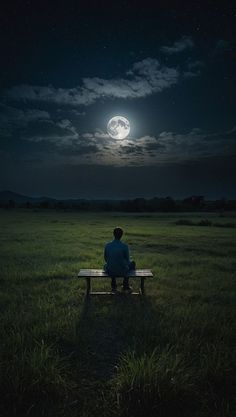 a man sitting on top of a bench under a full moon