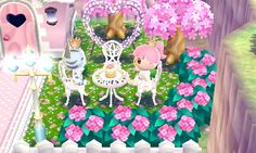 an animated image of a princess's garden with pink flowers and other things in the background