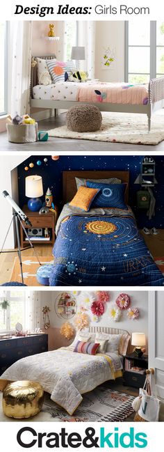 two pictures of beds with different designs on them and the words create & kids in front of them