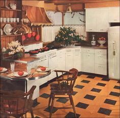 an old fashioned kitchen with black and white checkered flooring on the tile floors