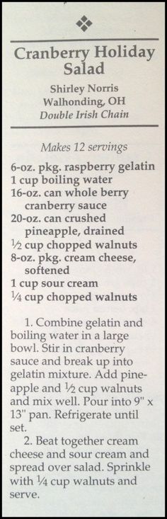 the recipe for cranberry holiday salad is shown in black and white text,