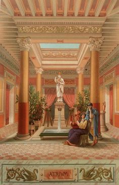 a painting of two people sitting on a bench in a room with columns and pillars