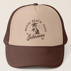 a brown and white trucker hat with an image of a palm tree on it