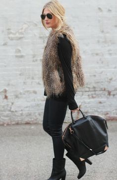 Chic Outerwear With Faux Fur Lining For Work, Versatile Outerwear For Winter Day Out, Chic Fall Outerwear With Faux Fur Trim, Versatile Winter Outerwear For Day Out, Chic Faux Fur Outerwear For Work, Trendy Winter Outerwear For Going Out, Fitted Winter Outerwear For Going Out, Elegant Winter Outerwear For Going Out, Fur Vest Outfits