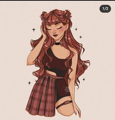 a drawing of a girl with long red hair wearing a black top and plaid skirt