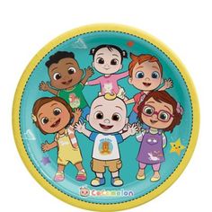 a yellow and blue plate with cartoon characters on the front, including children's faces