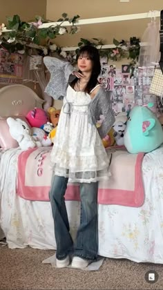 lovtune on TikTok! Summer Outfits Y2k Aesthetic, Dress Over Pants Aesthetic, W2e Outfit Ideas, Dress With Jeans Outfit Korean, Dress Over Pants Outfit Aesthetic, Dress On Top Of Jeans, Laufey Outfit Ideas, Lamp Aesthetic Outfit