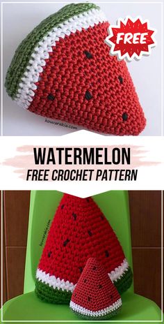 a crocheted watermelon hat sitting on top of a green pot holder