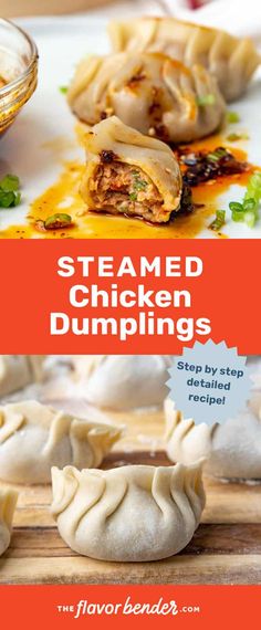 steamed chicken dumplings on a cutting board with dipping sauce in the background and text overlay