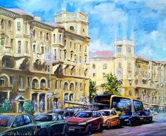 an oil painting of cars parked on the side of the road in front of buildings