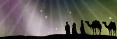 the three wise men are silhouetted in front of an aurora bore, with their camels