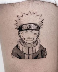 a man's leg with a tattoo on it that has a drawing of naruto