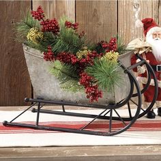 Galvanized Sleigh - farmhouse christmas Wagon Decor, Christmas Sleighs, Sleigh Centerpiece, Sleigh Decor, French Country Christmas Decor, Primitive French Country, Christmas Sleigh Decorations, French Country Farmhouse Decor, French Country Christmas