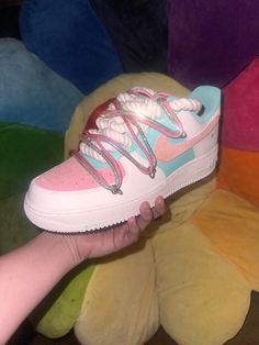 Unique and colorful Air Force 1s| Trendy✨| Off white laces| Bling String Multicolor High-top Custom Sneakers With Laces, Trendy Multicolor Lace-up Custom Sneakers, Luxury Pink Lace-up Custom Sneakers, Pink Mid-top Custom Sneakers With Contrast Sole, Multicolor Synthetic Lace-up Custom Sneakers, Custom Bling, Cotton Candy, White Lace, Air Force