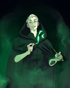 a drawing of a wizard holding a wand in his hand with green light coming from it