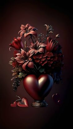 a heart shaped vase filled with lots of flowers on top of a black table next to hearts