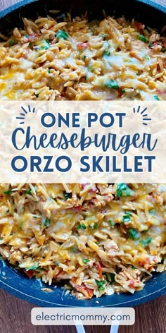 one pot cheeseburger orzo skillet in a blue cast iron skillet