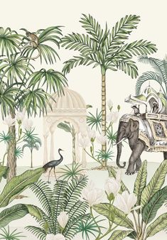 an elephant is in the jungle with birds and palm trees