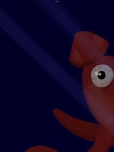 an animated red teddy bear with big eyes looking up at the stars in the sky