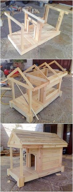 two pictures showing the inside and outside of a dog house that is made out of wood