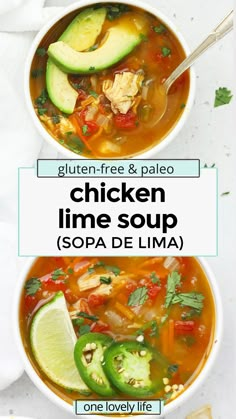 two bowls of chicken lime soup with avocado and cilantro on the side