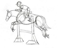 a pencil drawing of a horse and rider jumping over an obstacle course on a white background