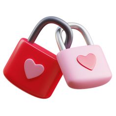 two padlocks with hearts on them are attached to each other, one is pink and the other is red