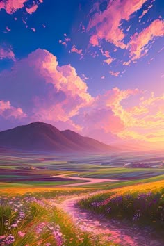 a painting of the sun setting over a field with wildflowers and mountains in the background