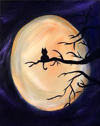 a painting of a cat sitting on a tree branch in front of a full moon