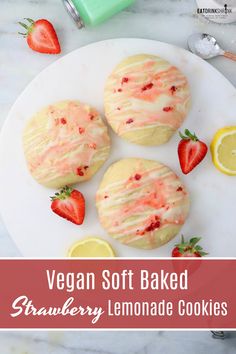 vegan soft baked strawberry lemonade cookies on a white plate