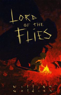 lord of the flies book cover with fire and man on bike in foreground text reads lord of the flies