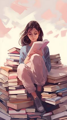 Reading Books Illustration, Girl Reading Book, Pile Of Books, All World, Our Path, Art And Illustration, Dreamy Art