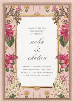 a wedding card with pink flowers and green leaves